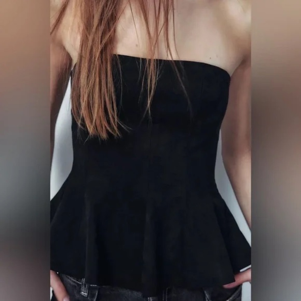 ZARA Black Faux Suede Strapless Peplum Top